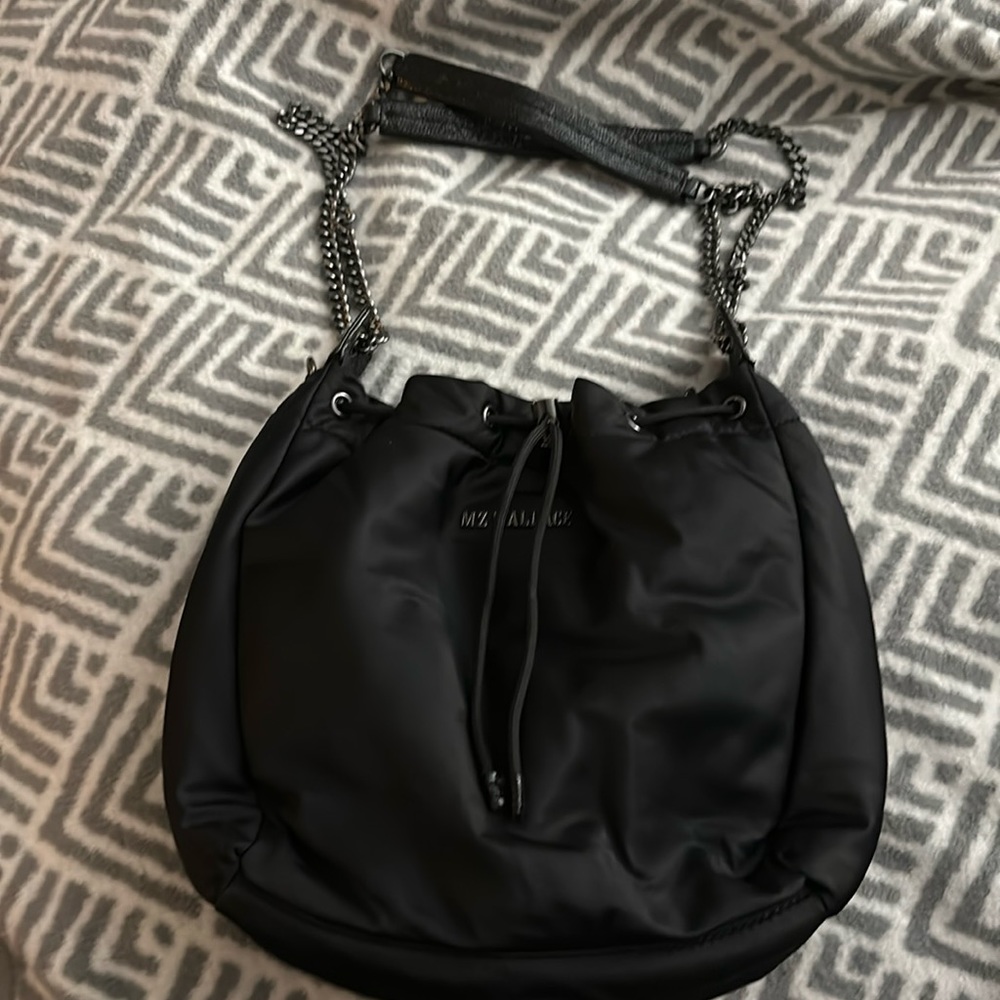 MZ Wallace Bowery drawstring bucket bag with metallic trim